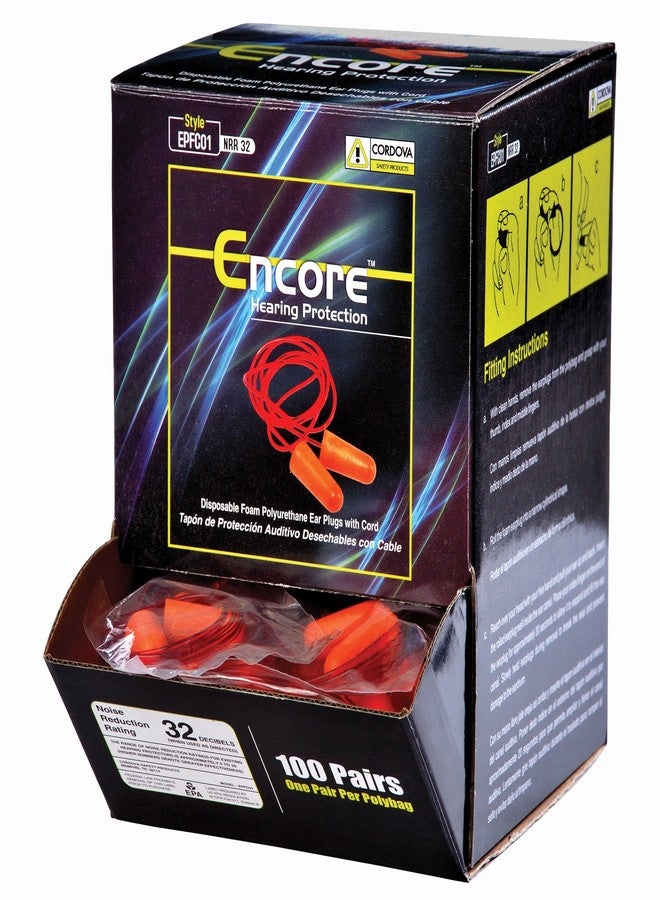 كوردوفا سدادات أذن Cordova Safety Products Encore برتقالية اللون مصنوعة من رغوة البولي يوريثان، مزودة بسلك، مستوى تخفيف الضوضاء 33 ديسيبل، عبوة من 100 سدادة، لون برتقالي - Image 1